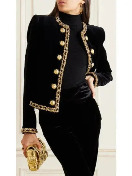 Black Velvet Jacket with Gold Sequin Embroidery - Jackets