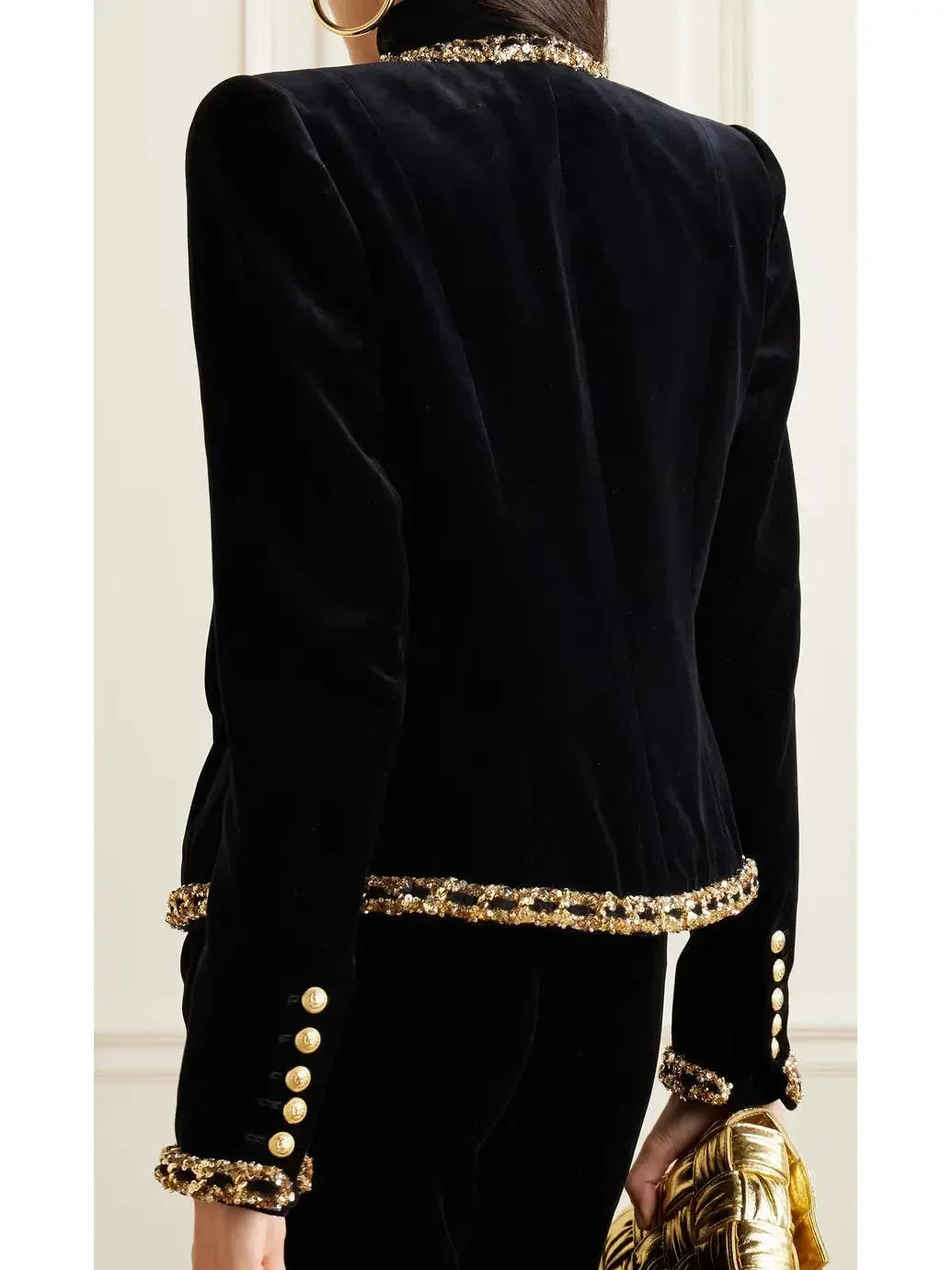 Black Velvet Jacket with Gold Sequin Embroidery - Jackets