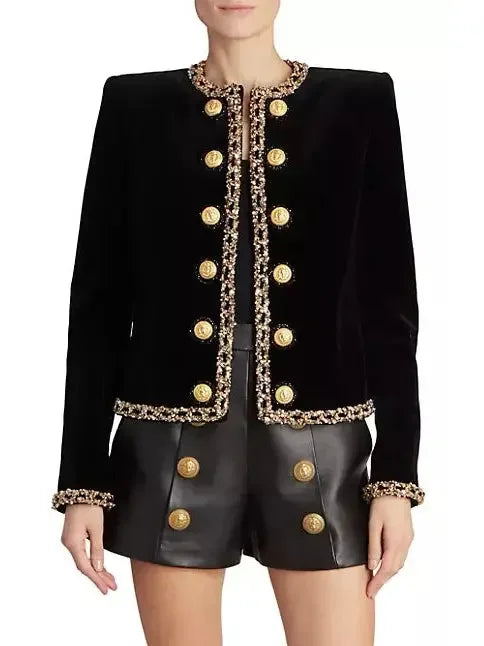 Black Velvet Jacket with Gold Sequin Embroidery - Jackets