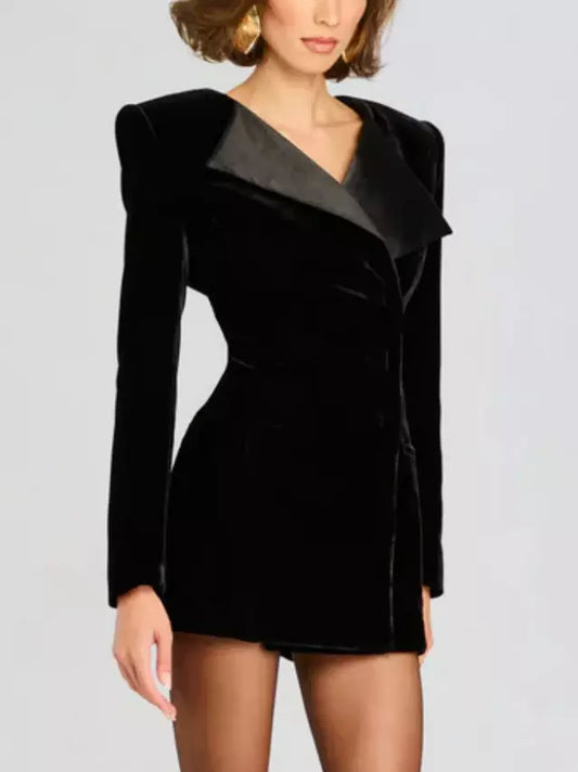 Black Velvet Long-Sleeve Mini Blazer Dress showcasing luxurious velvet fabric and stylish design