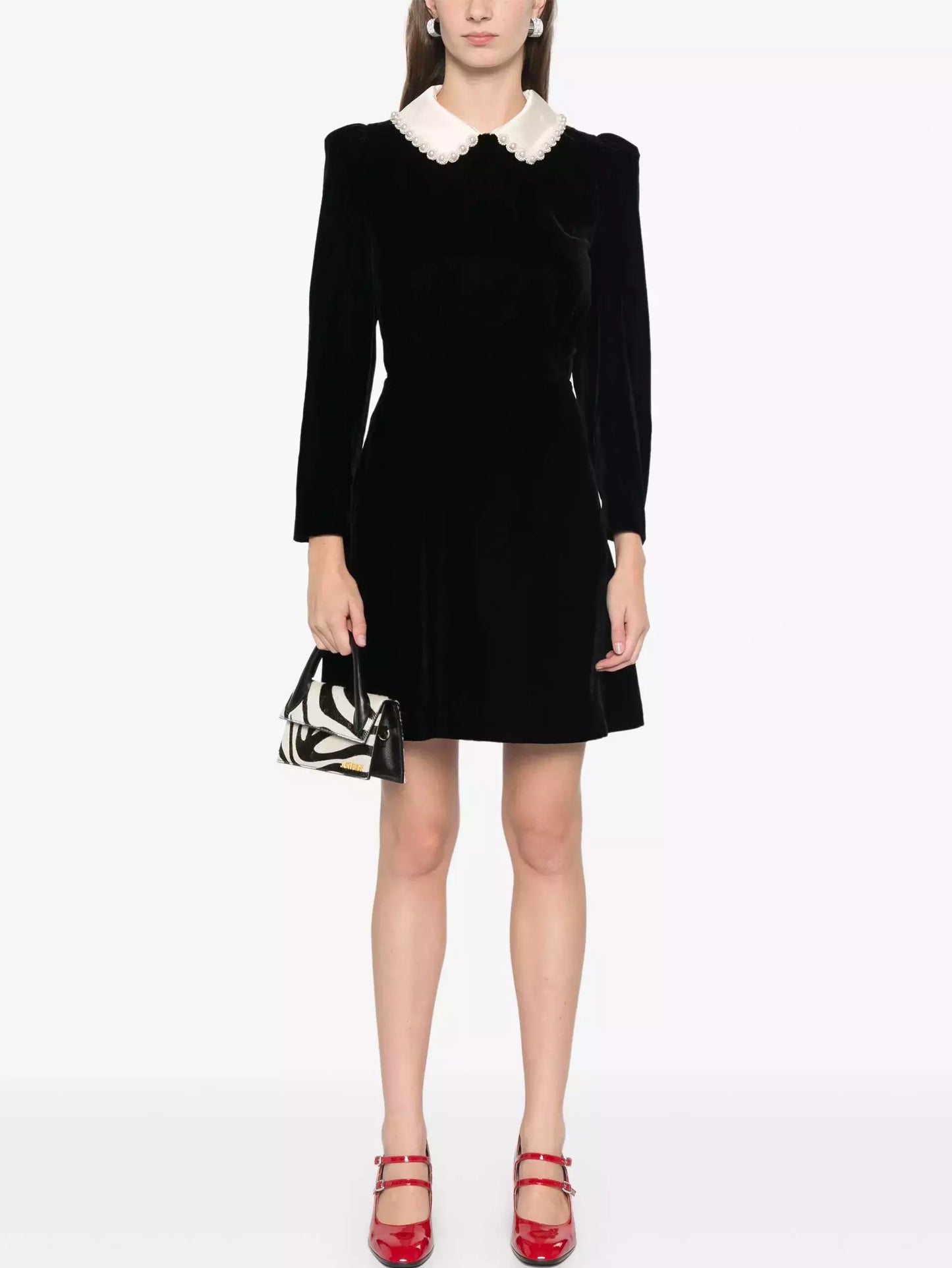 Black Velvet Mini Dress with Beaded Contrasting Collar - Dresses