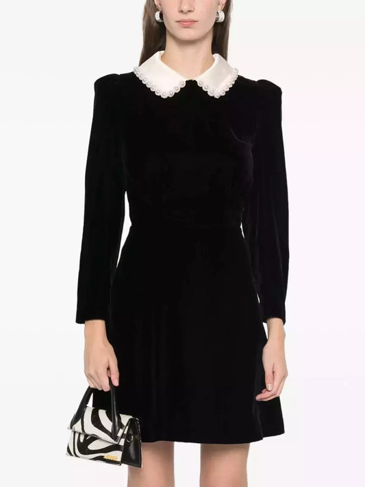Black Velvet Mini Dress with Beaded Contrasting Collar - Dresses