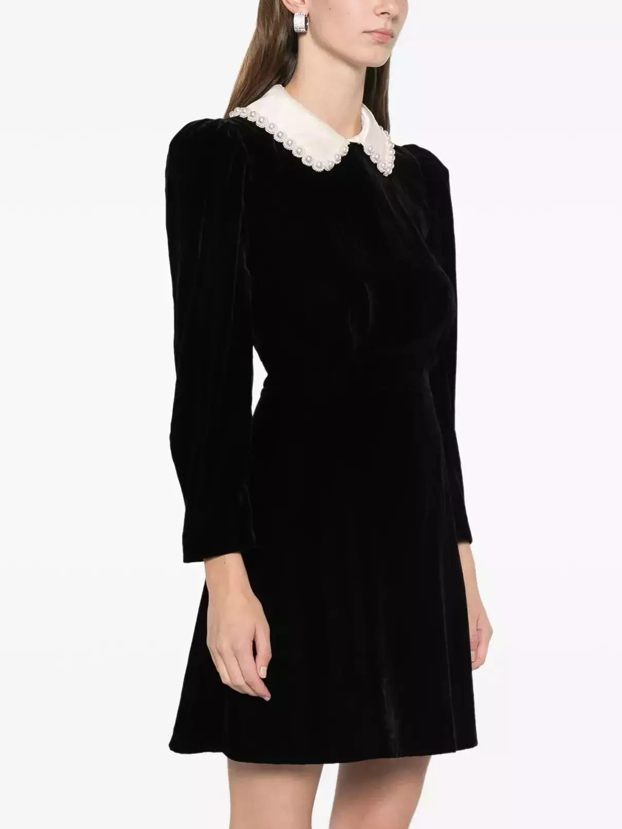 Black Velvet Mini Dress with Beaded Contrasting Collar - Dresses