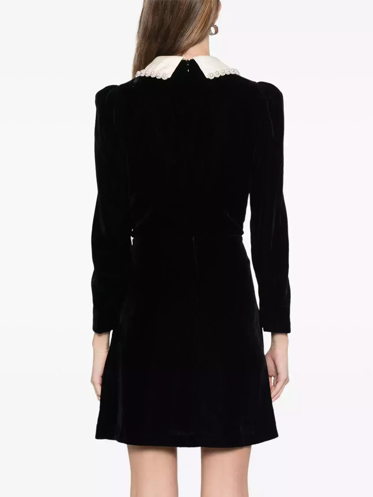 Black Velvet Mini Dress with Beaded Contrasting Collar - Dresses