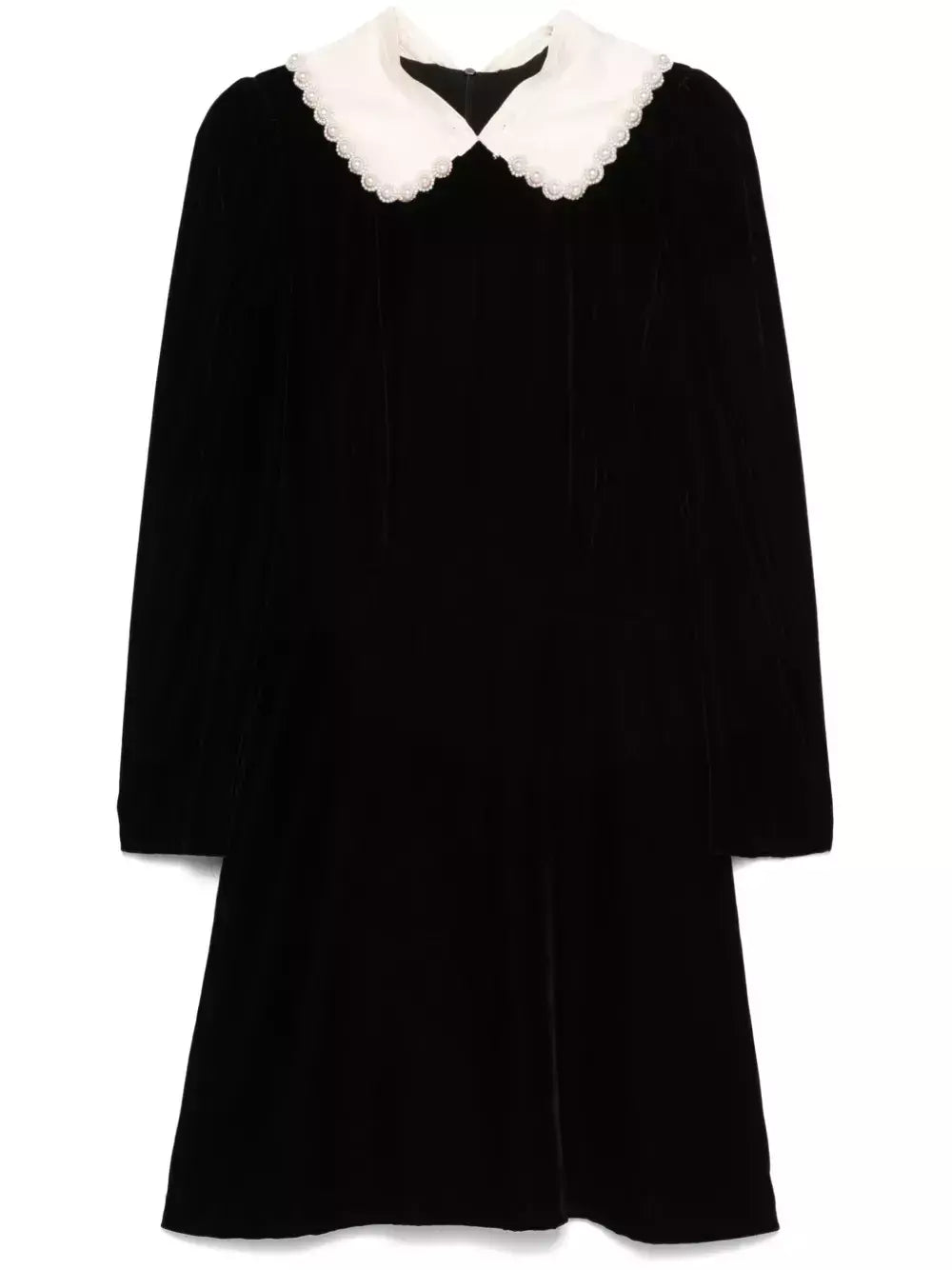 Black Velvet Mini Dress with Beaded Contrasting Collar - Dresses