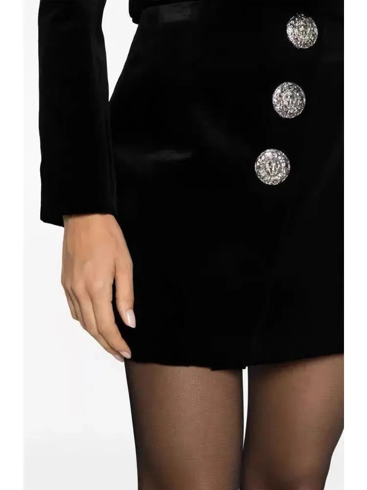 Black Velvet Mini Skirt with Buttons - Skirts