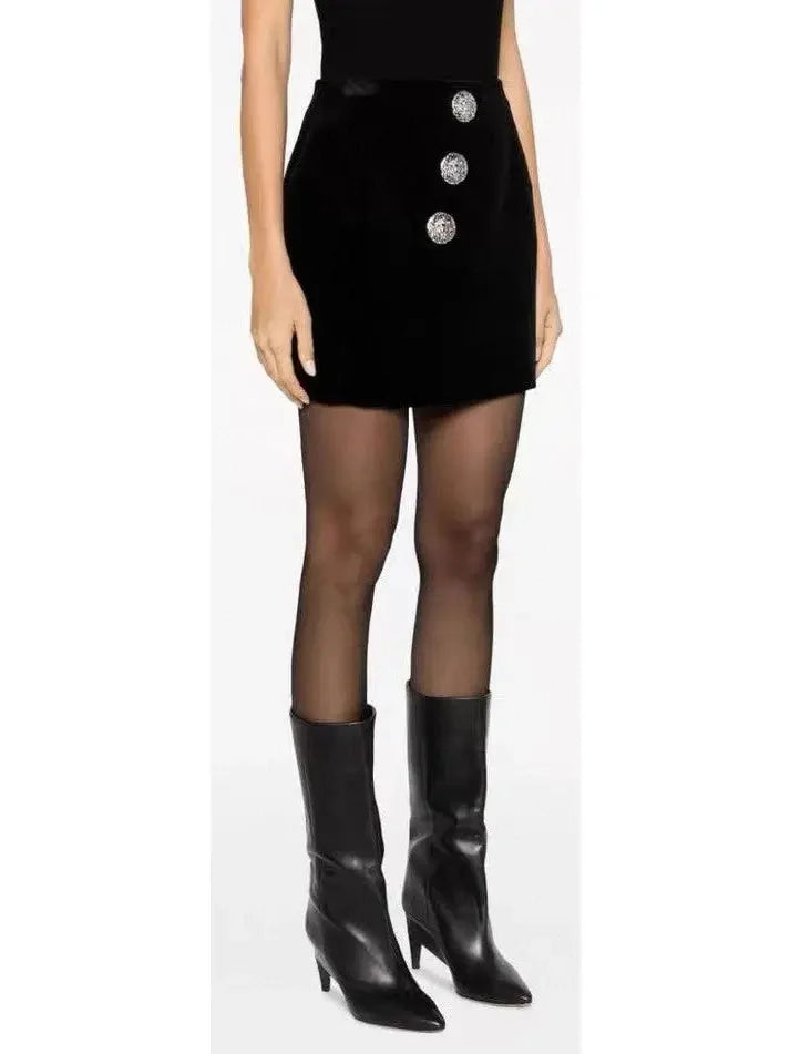 Black Velvet Mini Skirt with Buttons - Skirts