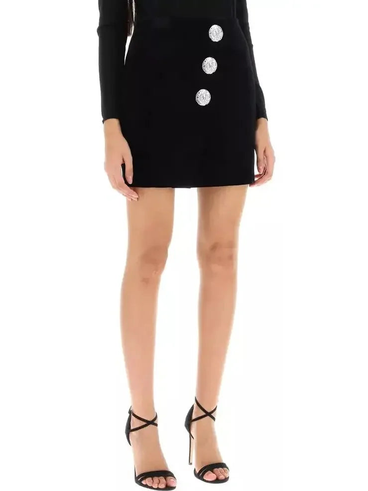 Black Velvet Mini Skirt with Buttons - Skirts