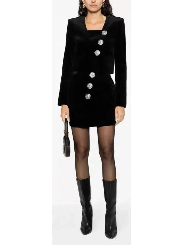 Black Velvet Mini Skirt with Buttons - Skirts