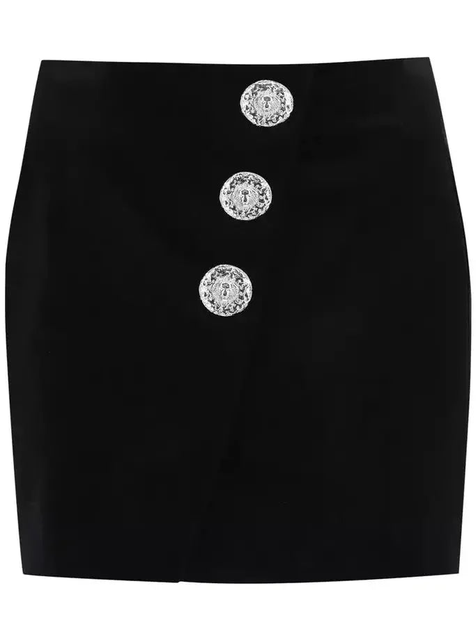Black Velvet Mini Skirt with Buttons - Skirts
