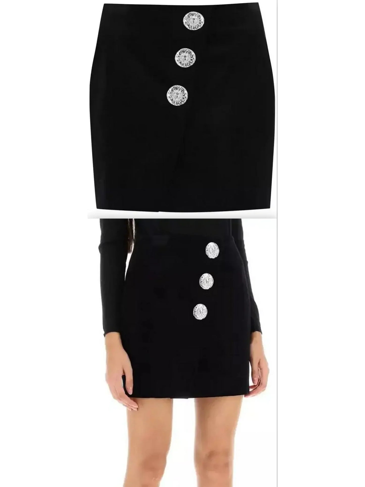Black Velvet Mini Skirt with Buttons - small - Skirts