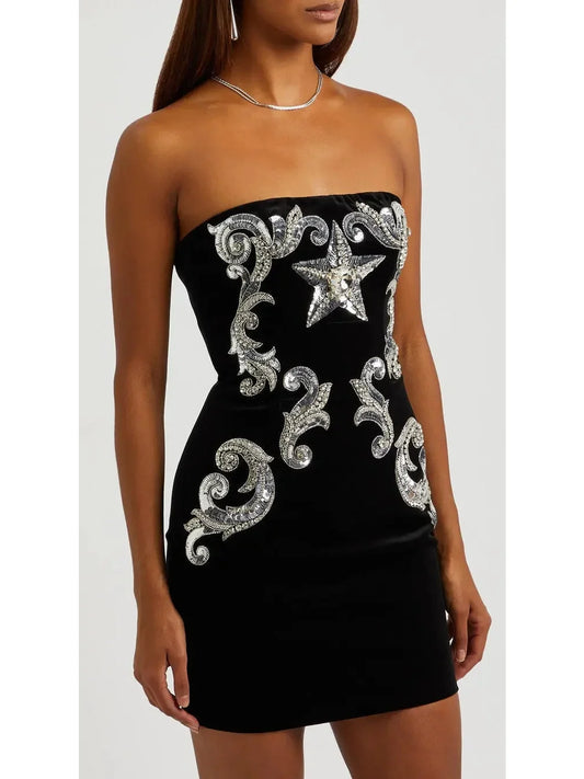 Black Velvet Paisley-Embroidered Strapless Dress - Dresses