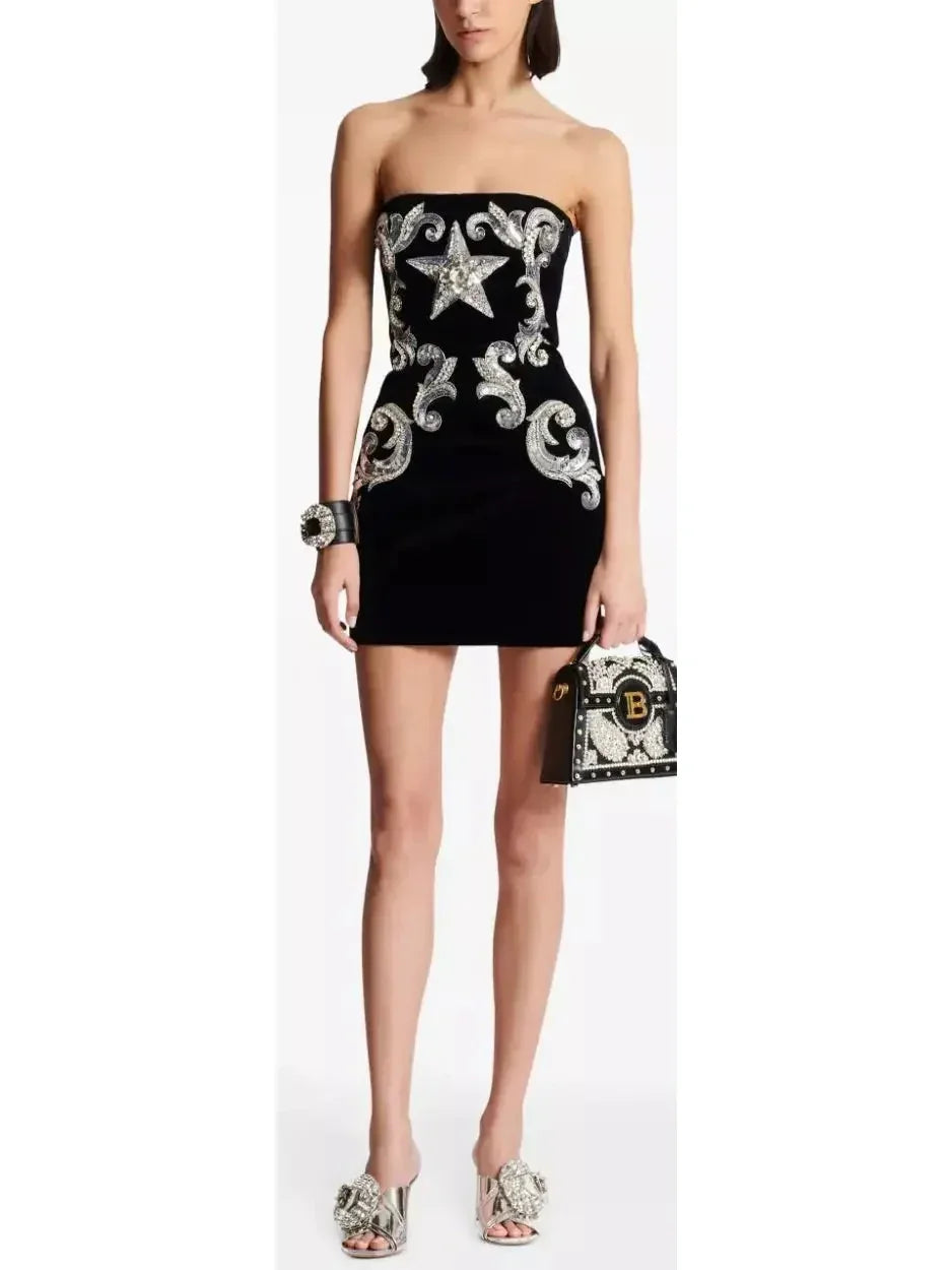 Black Velvet Paisley-Embroidered Strapless Dress - Dresses