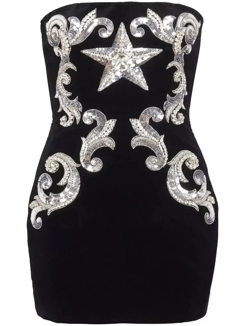 Black Velvet Paisley-Embroidered Strapless Dress - Dresses