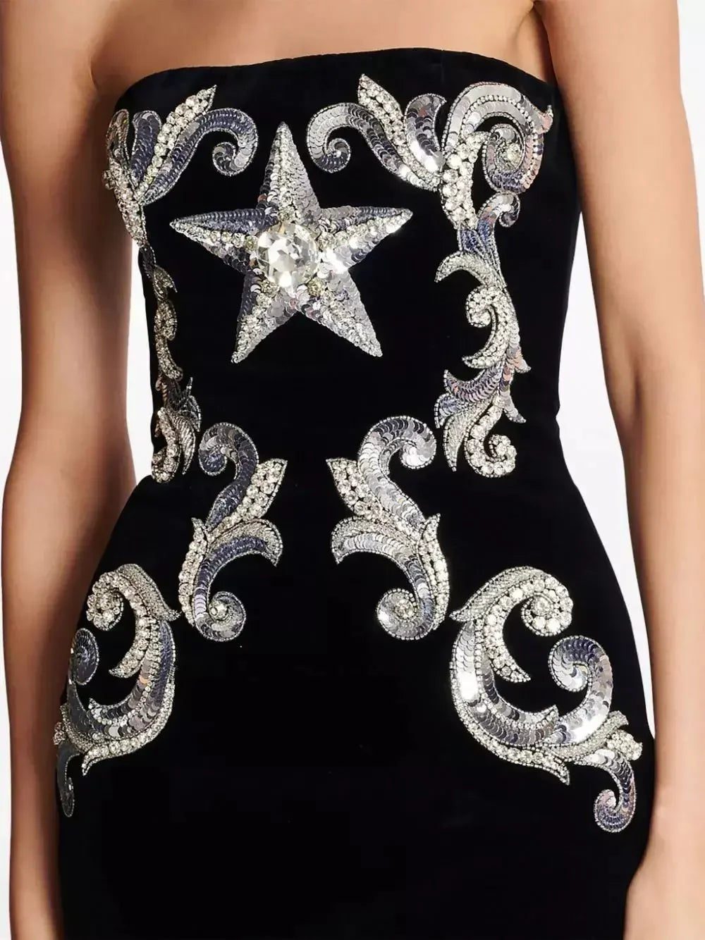 Black Velvet Paisley-Embroidered Strapless Dress - Dresses