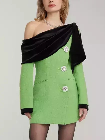 Black Velvet-Trim Green Tweed Dress with Diamond Buttons - Dresses