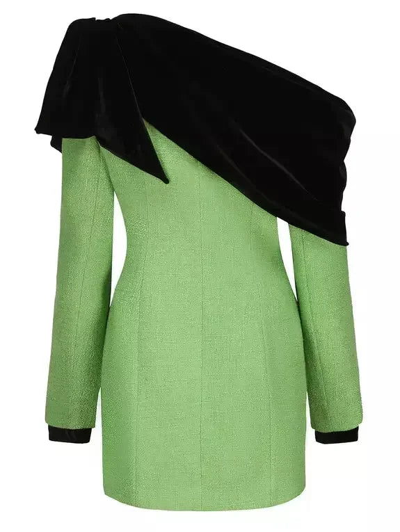 Black Velvet-Trim Green Tweed Dress with Diamond Buttons - Dresses