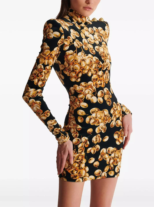 Black with Gold-Tone Grape Print Velvet Dress - Dresses