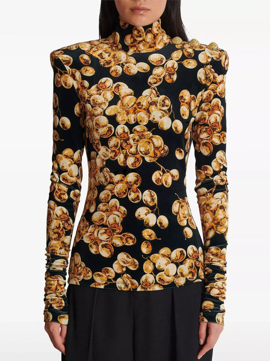 Black with Gold-Tone Grape Print Velvet Top - Tops