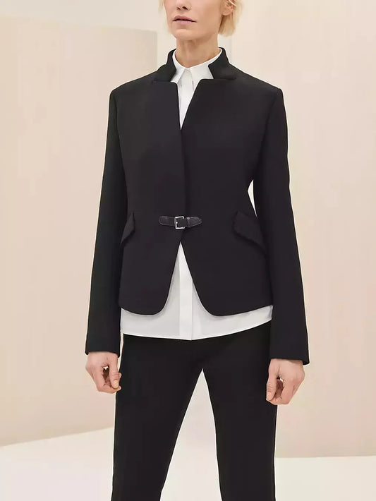 Black Wool-Blend Blazer with Leather Buckle Fastening - Jackets