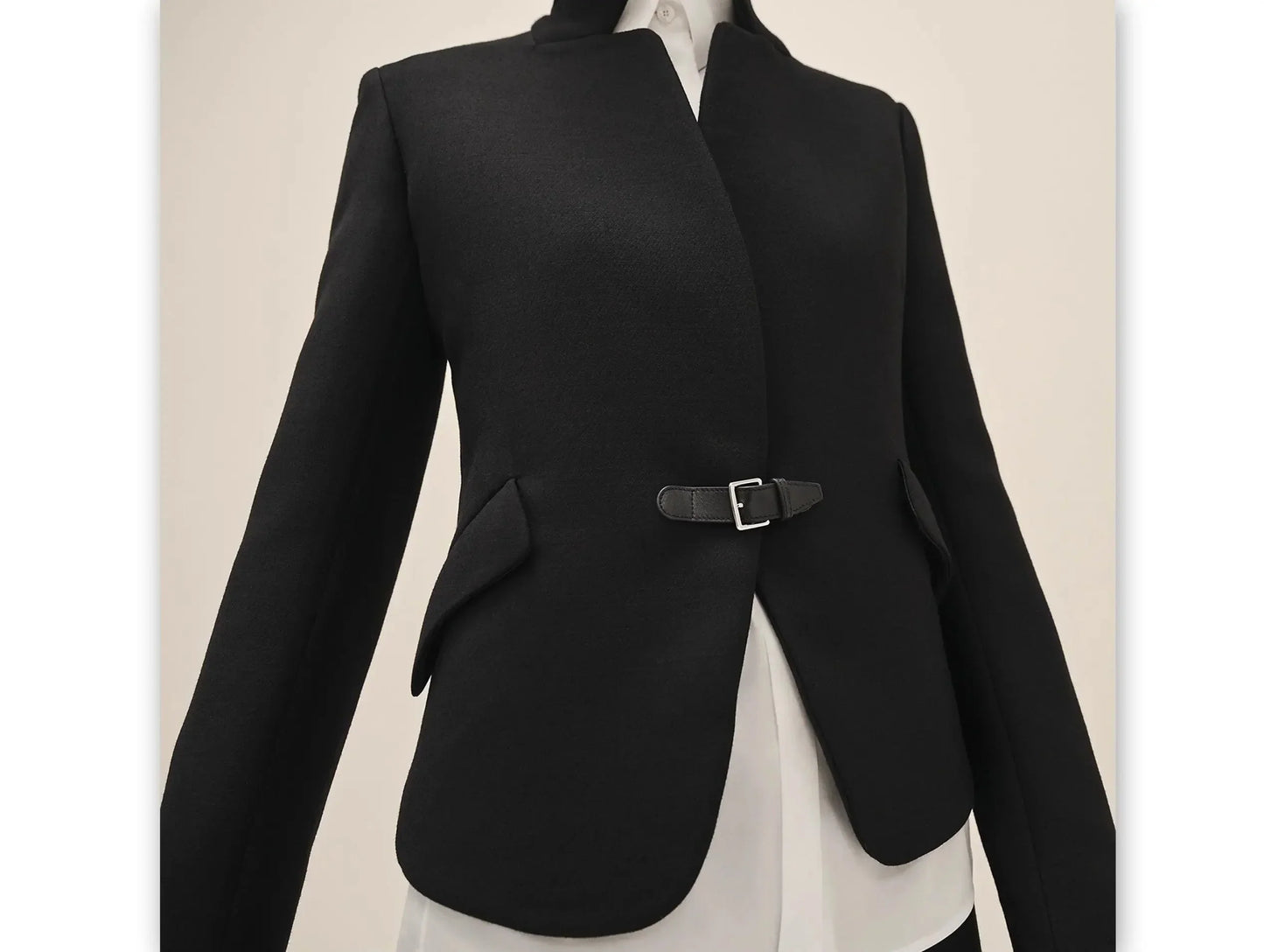Black Wool-Blend Blazer with Leather Buckle Fastening - Jackets
