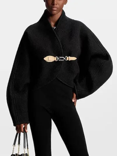 Black Wool Cardigan Jacket with Front Leather and Metal Clip Closure - Jackets