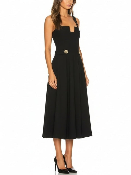Black Wool Midi Dress with Gold Button Waist - Dresses