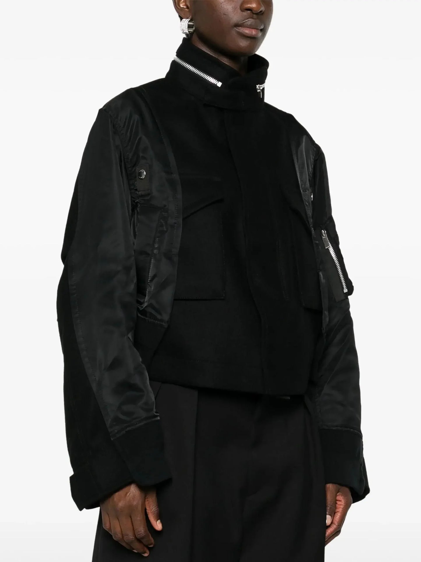 Black Zip-Collar Contrast-Panel Felt and Shell Jacket - Jackets
