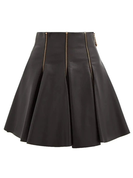 Black Zip-Embellished Pleated Leather Mini Skirt - Skirts