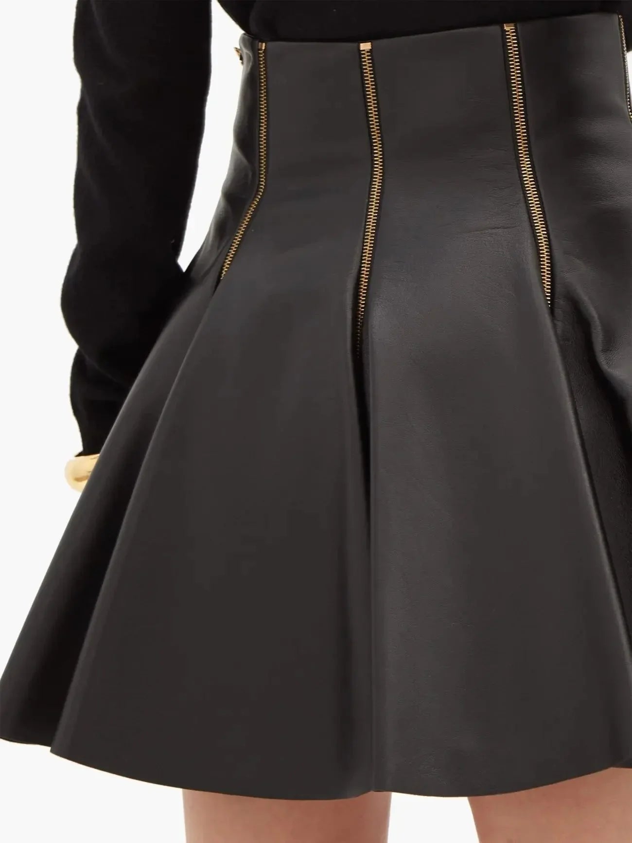Black Zip-Embellished Pleated Leather Mini Skirt - Skirts