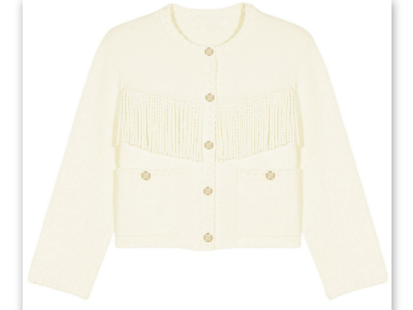 Cream-colored Blocked Knit Fringed Cardigan with Gold Buttons for stylish layering