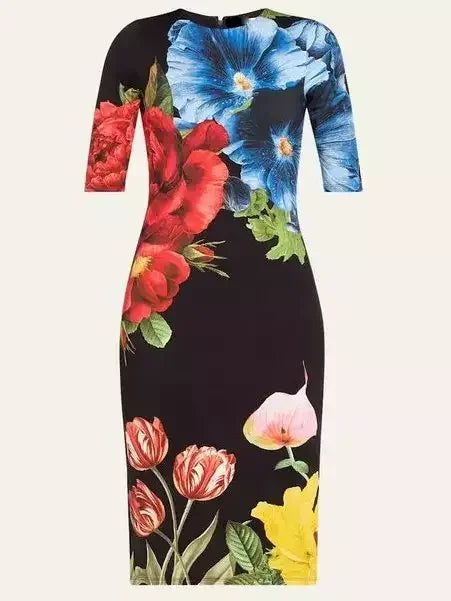 Blossoming Floral Printed Fitted Dress - Dresses