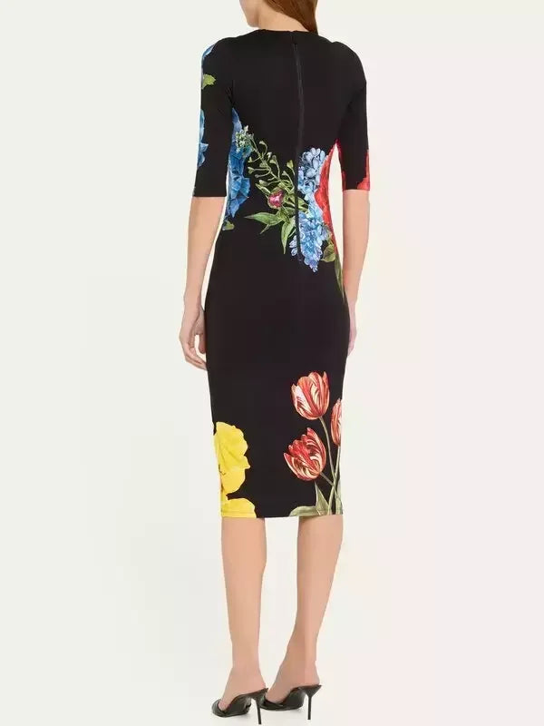 Blossoming Floral Printed Fitted Dress - Dresses