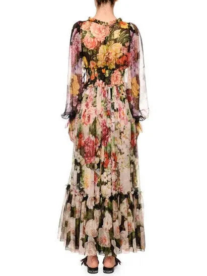 Blouson-Sleeve Floral-Print Chiffon Gown - Dresses