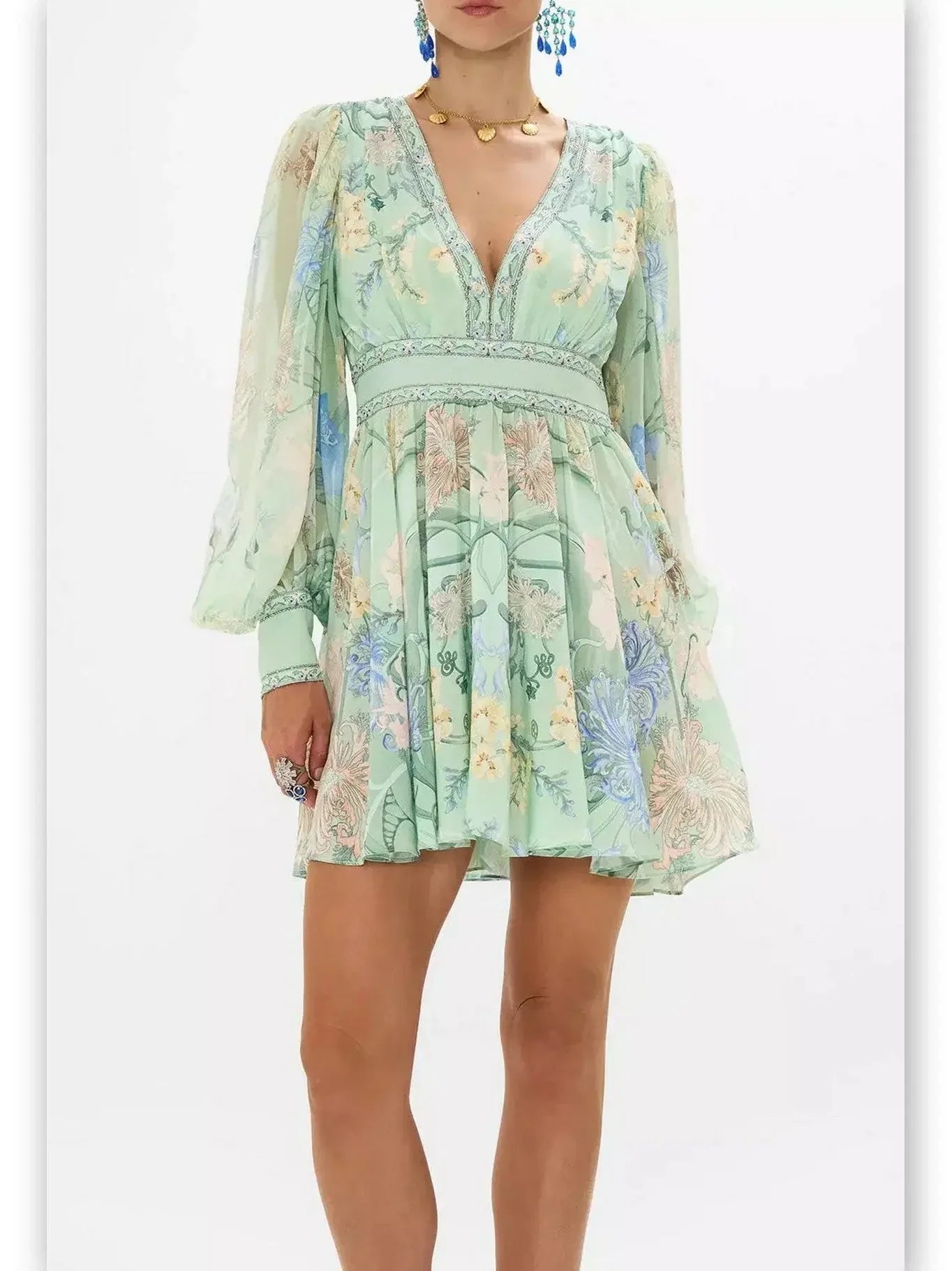 Blouson-Sleeve Printed Plunged V-Neck Silk Mini Dress in Mint - Dresses