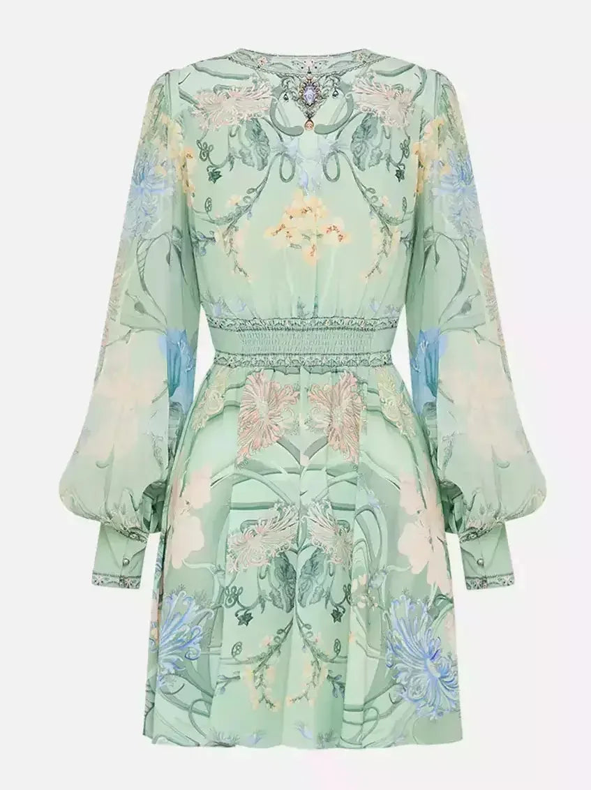 Blouson-Sleeve Printed Plunged V-Neck Silk Mini Dress in Mint - Dresses