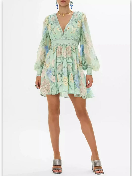 Blouson-Sleeve Printed Plunged V-Neck Silk Mini Dress in Mint - Dresses