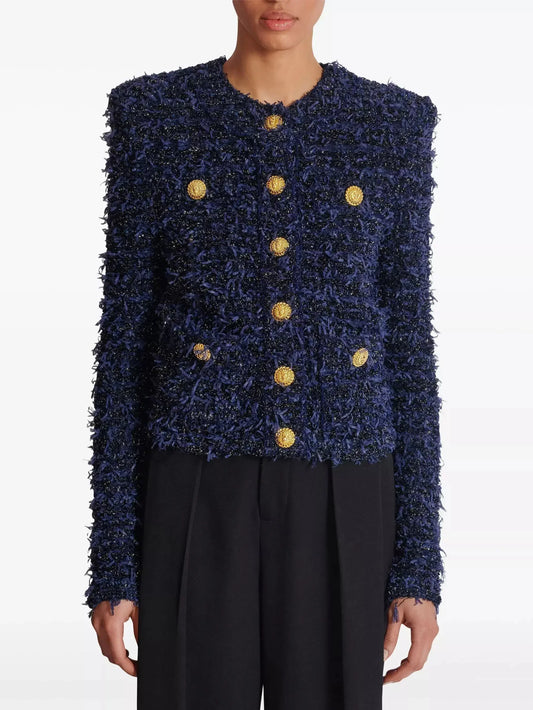 Blue and Black Tweed Knit Cardigan Jacket with Gold Buttons - Jackets