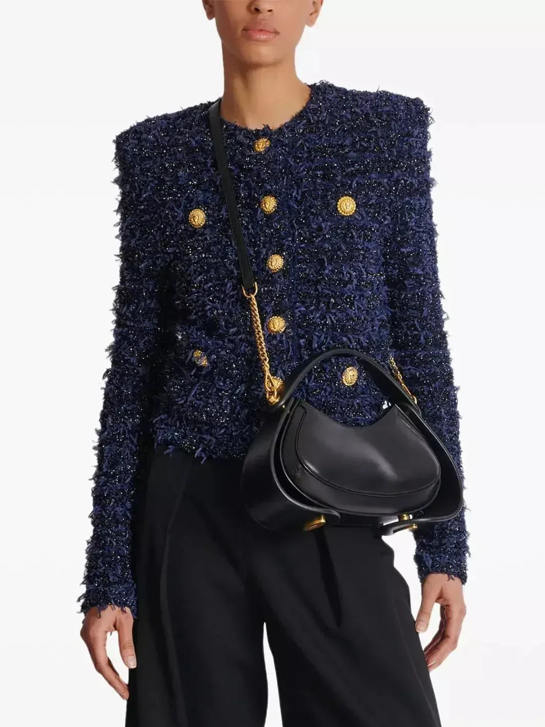 Blue and Black Tweed Knit Cardigan Jacket with Gold Buttons - Jackets