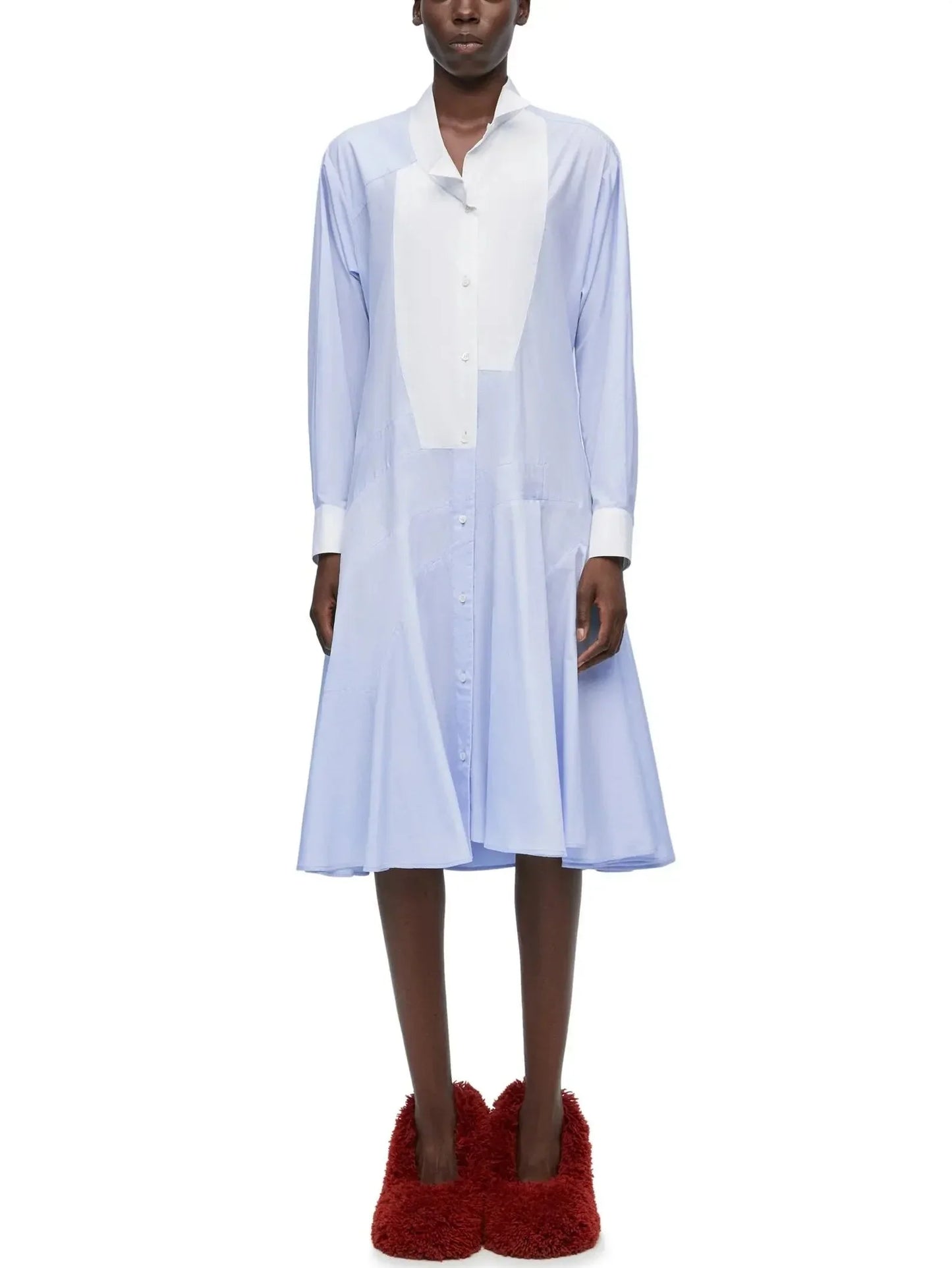 Blue and White Drop-Waist Shirt Dress - Dresses
