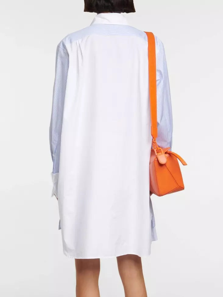 Blue and white pinstripe cotton shirt dress styled with an orange bag