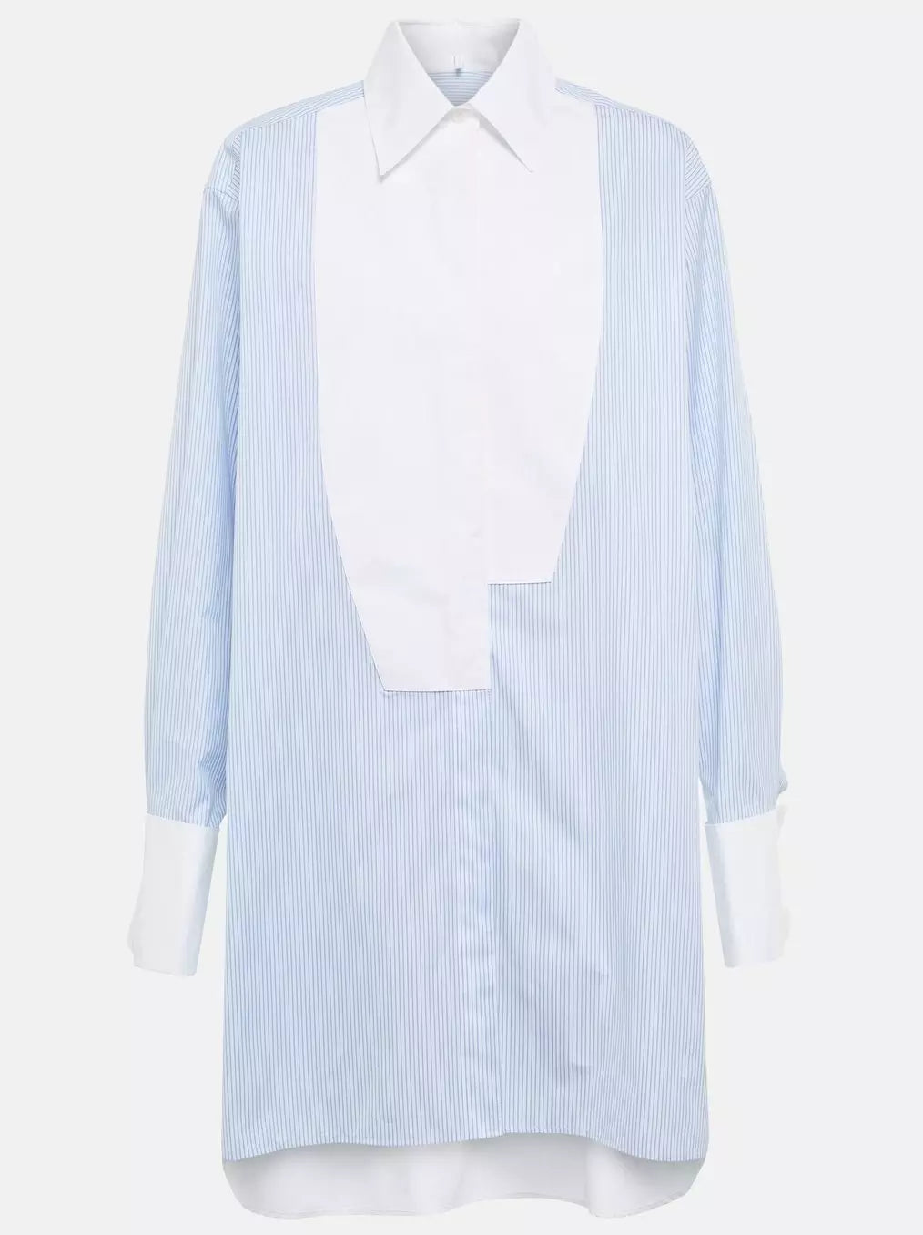 Woman wearing a Blue and White Pinstripe Cotton Shirt Dress with an orange handbag