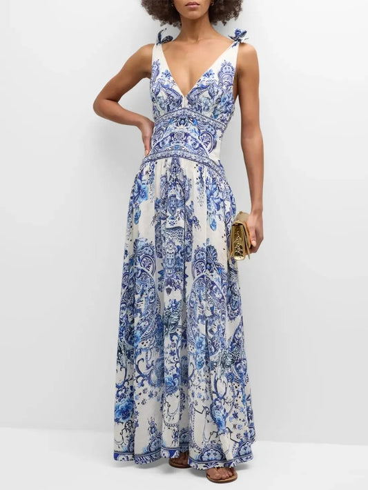 Blue and White Porcelain Print Tie-Shoulder Silk and Linen Maxi Dress - Dresses