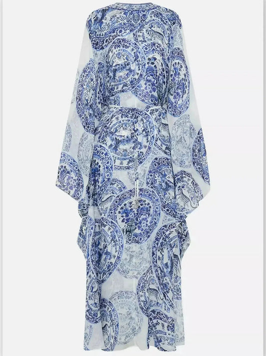 Blue and White Porcelain Print V-Neck Silk Kaftan Dress - Dresses