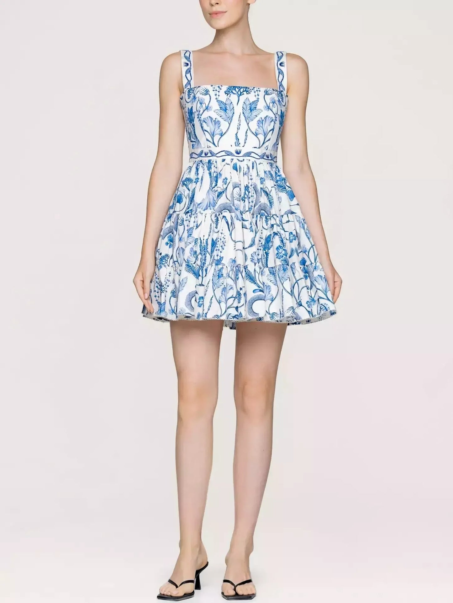 Blue and White Printed Short Flounce Dress - Dresses