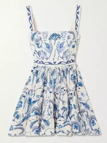 Blue and White Printed Short Flounce Dress - Dresses