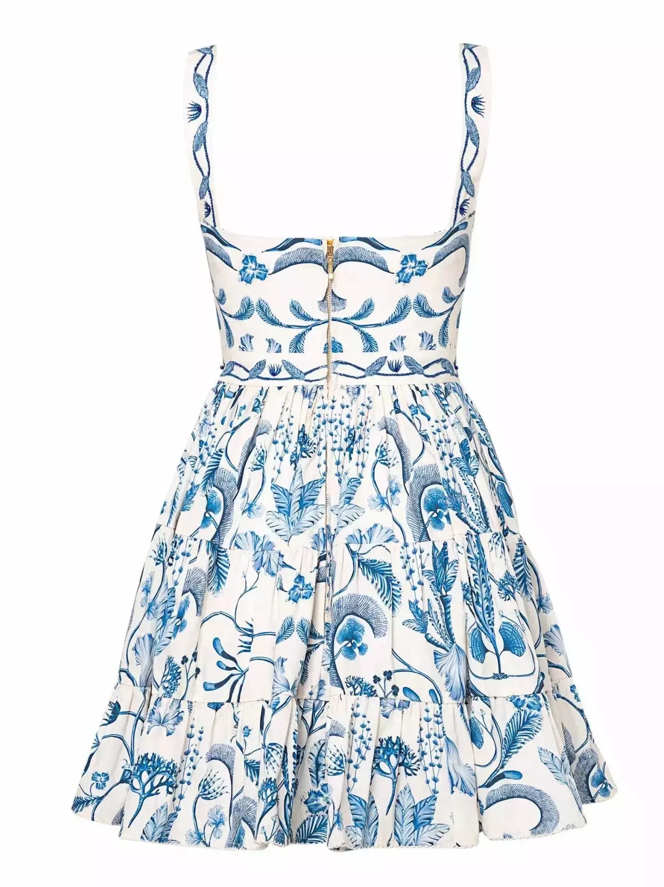 Blue and White Printed Short Flounce Dress - Dresses