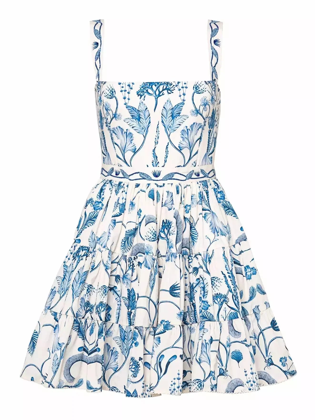 Blue and White Printed Short Flounce Dress - Dresses
