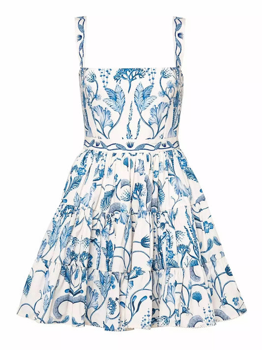 Blue and White Printed Short Flounce Dress - S - Dresses