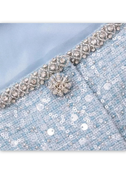 Blue Boucle Sequin Dress with Feather Trim - Dresses